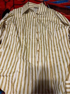 Women’s Striped Button-Down Dress Shirt in White and Mustard